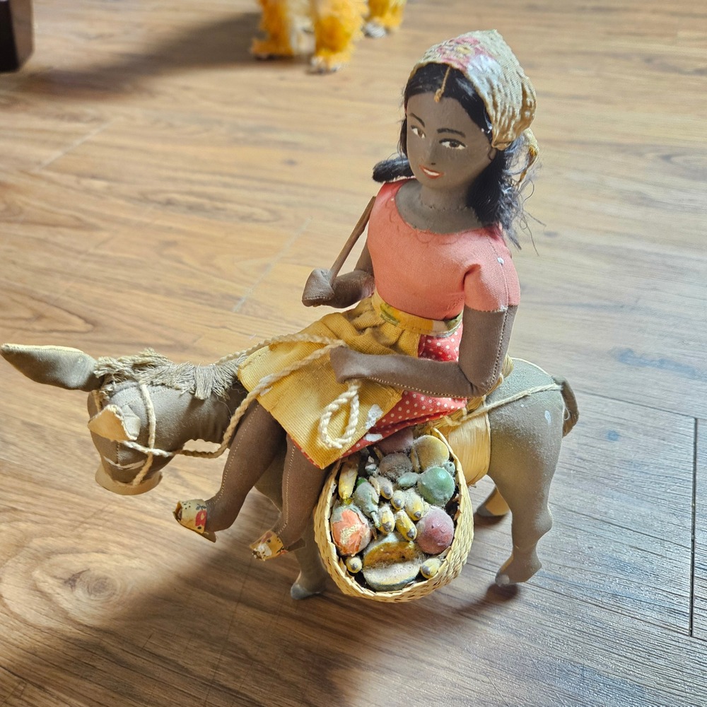 Vintage Handmade Peddler Girl Doll‎ on Donkey Woven Fruit Baskets Folk Art